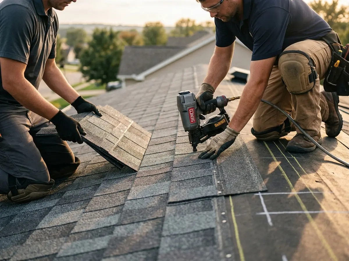 Professional roofer working on a residential roof in Needham